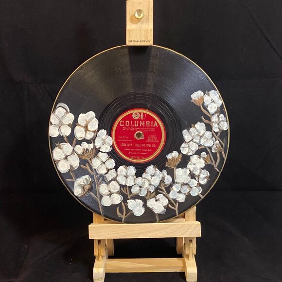 Hand painted Record - Cotton Bolls  -1of1-  by BadAsh -Unique Decor - Picture 1 of 1
